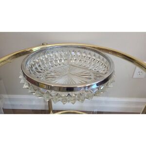 Vintage Cut Glass 3 Section Divided Relish Dish Silver Rim Hobnail Diamond 8"